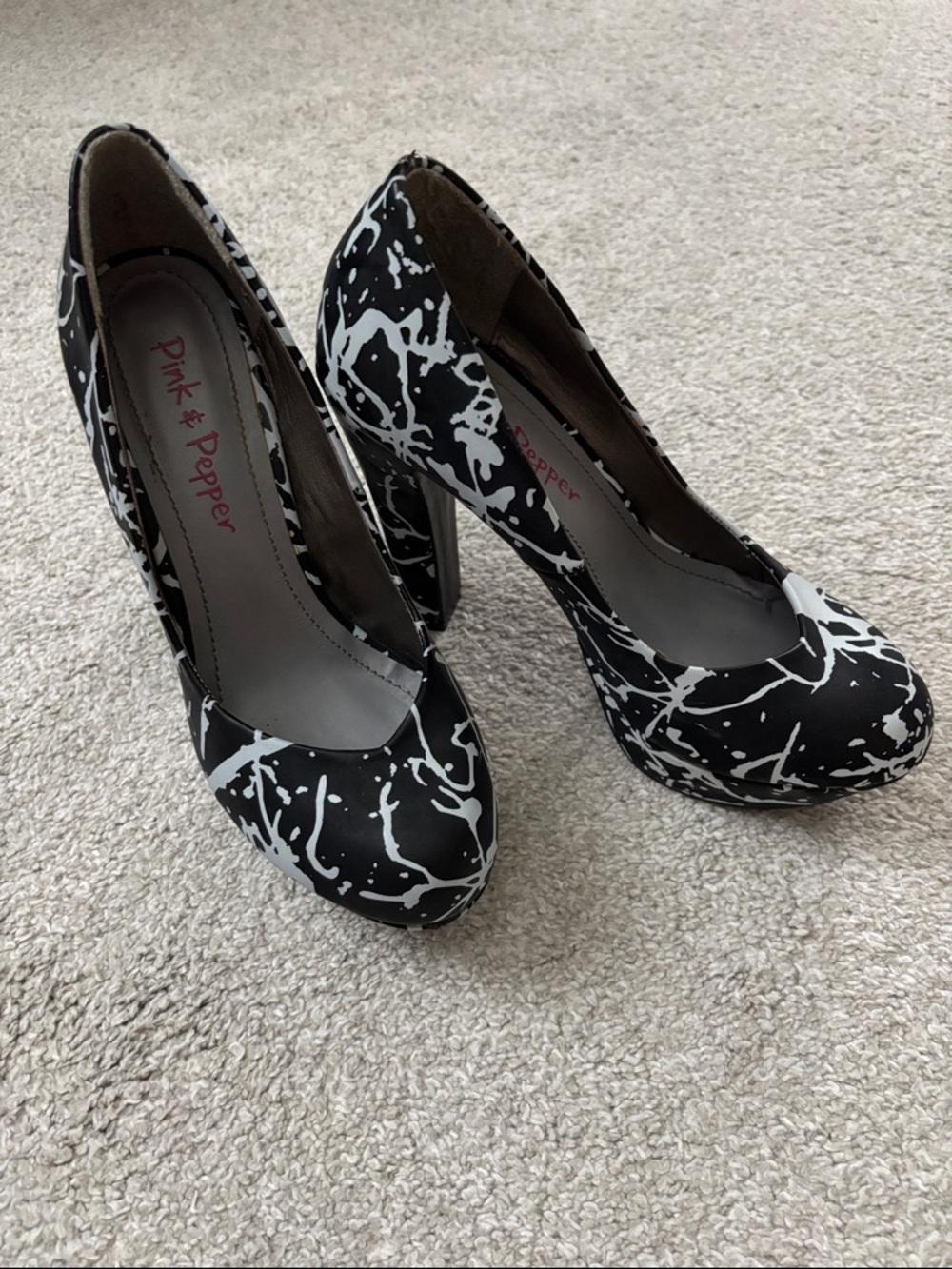 Pink & Pepper Black and White Splatter Platform Pumps